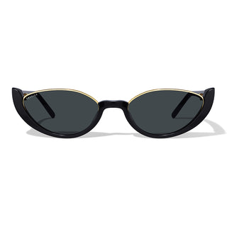 Black cat-eye sunglasses with gold accents on a white background