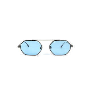 Cossino Magari sunglasses in gunmetal metal frame with light blue lens, straight on product view