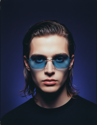 Person wearing blue cossino luxury sunglasses against a dark background