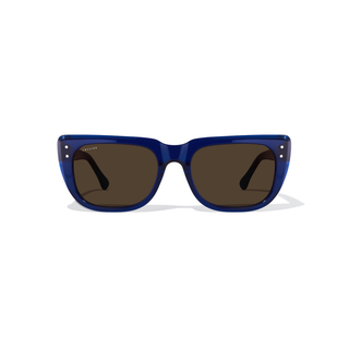 navy Blue luxury sunglasses with dark lenses on a white background by designer mayda cossino