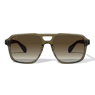 Sunglasses with a olive green gradient lens on a white background