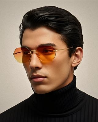Man wearing orange-tinted sunglasses and a black turtleneck against a neutral background