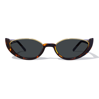 Sunglasses with tortoiseshell frame and dark lenses on a white background