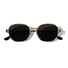 Sunglasses with gold frame and black lenses on a white background
