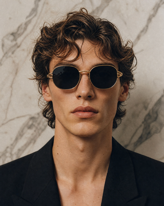 Man wearing cossino luxury designer sunglasses with a marble wall background