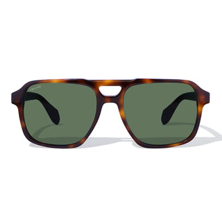 Sunglasses with tortoiseshell frame and green lenses on a white background