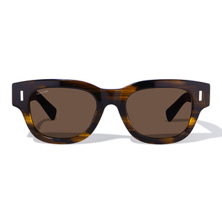 Sunglasses with tortoiseshell frame and brown lenses on a white background